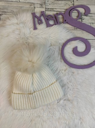 Женская зимняя шапка Monleo с меховым помпоном молочного цвета с бусинами 
Состо. . фото 4
