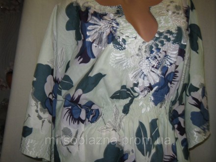  Женская блузка б/у летняя, хлопковая, мятного цвета с цветочным принтом, свобод. . фото 5