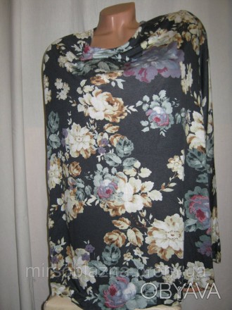  Женская блузка б/у оверсайз, с длинным рукавом, в цветах по всему изделию. Широ. . фото 1