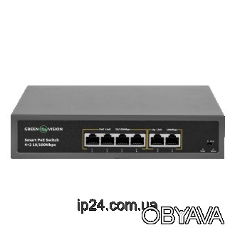 Комутатор мережевий POE GV-006-D-04+2P 4 порти 10/100 Мбіт/с POE Підтримка IEEE8. . фото 1