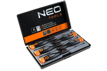 Набор прецизионных отверток NEO Tools из 5 отверток: шлицевых и крестовых. Стерж. . фото 2