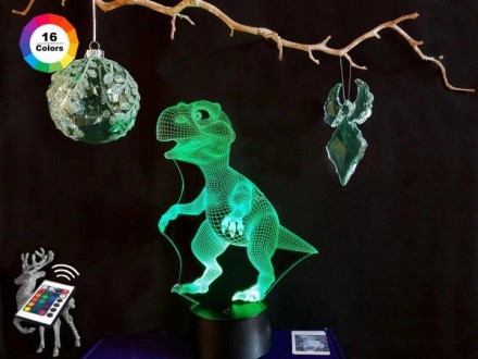 3D ночник "Динозаврик" (УВЕЛИЧЕННОЕ ИЗОБРАЖЕНИЕ) подарочная упаковка + 16 цветов. . фото 2