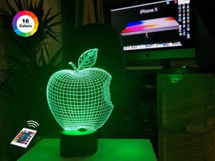 3D ночник "Apple" (УВЕЛИЧЕННОЕ ИЗОБРАЖЕНИЕ) подарочная упаковка + 16 цветов + пу. . фото 2