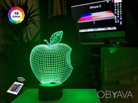 3D ночник "Apple" (УВЕЛИЧЕННОЕ ИЗОБРАЖЕНИЕ) подарочная упаковка + 16 цветов + пу. . фото 1