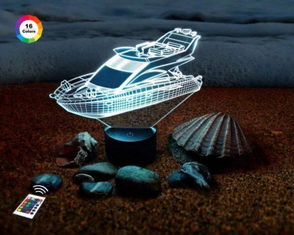 3D ночник "Яхта" (УВЕЛИЧЕННОЕ ИЗОБРАЖЕНИЕ) подарочная упаковка + 16 цветов + пул. . фото 2
