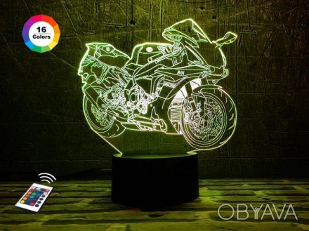 3D ночник "Мотоцикл 8" (УВЕЛИЧЕННОЕ ИЗОБРАЖЕНИЕ) подарочная упаковка + 16 цветов. . фото 1