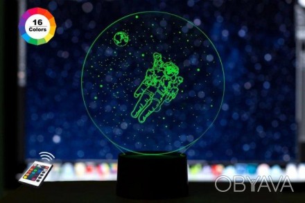 3D ночник "Космонавт" (УВЕЛИЧЕННОЕ ИЗОБРАЖЕНИЕ) подарочная упаковка + 16 цветов . . фото 1