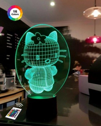 3D ночник "Kitty 2" (УВЕЛИЧЕННОЕ ИЗОБРАЖЕНИЕ) подарочная упаковка + 16 цветов + . . фото 2