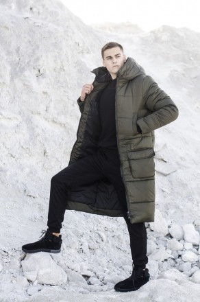 Чоловіча зимова подовжена куртка пальто до коліна з плащової тканини оливкового . . фото 3