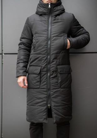 Чоловіча зимова чорна подовжена куртка пальто до коліна з плащової тканини
Верхн. . фото 2
