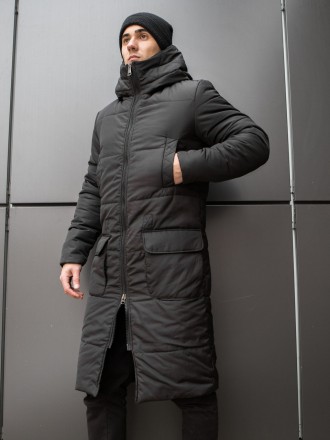 Чоловіча зимова чорна подовжена куртка пальто до коліна з плащової тканини
Верхн. . фото 8