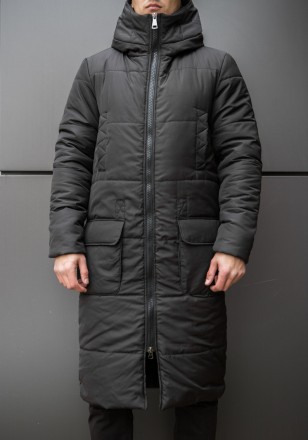 Чоловіча зимова чорна подовжена куртка пальто до коліна з плащової тканини
Верхн. . фото 7