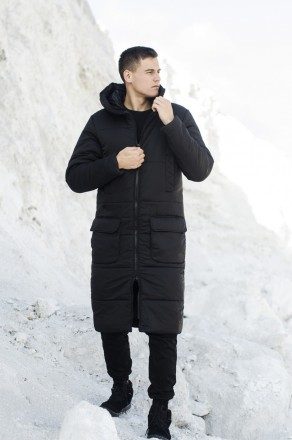 Чоловіча зимова чорна подовжена куртка пальто до коліна з плащової тканини
Верхн. . фото 6