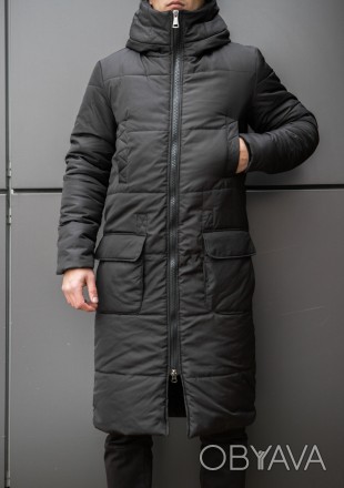 Чоловіча зимова чорна подовжена куртка пальто до коліна з плащової тканини
Верхн. . фото 1