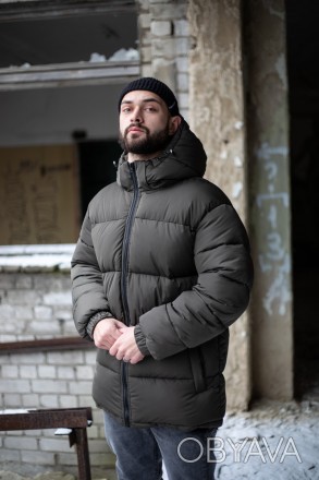 Чоловіча темно зелена стьобана куртка Оверсайз зимовий пуховик з капюшоном