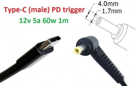 Переходник на 12v (max 5a, 60w) 4.0x1.7mm 1m з USB Type-C (male) Power Delivery . Киев. фото 1 Переходник на 12v (max 5a, 60w) 4.0x1.7mm 1m з USB Type-C (male) Power Delivery . Киев. фото 1