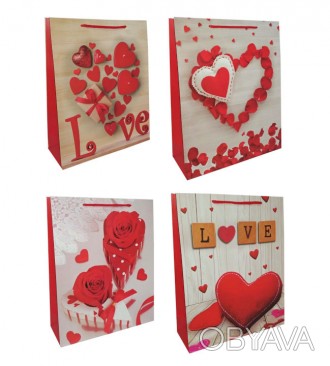 ![CDATA[Подарунковий пакет картон 200грм, "Love in heart" МІКС 4 види, 26*32*10с. . фото 1