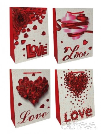 ![CDATA[Подарунковий пакет картон 200грм, "Love" МІКС 4 види, 26*32*10см 6 шт. в. . фото 1