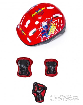 Защитный комплект (защита на колени, локти, ладони + шлем), рисунок "Спайдермен". . фото 1