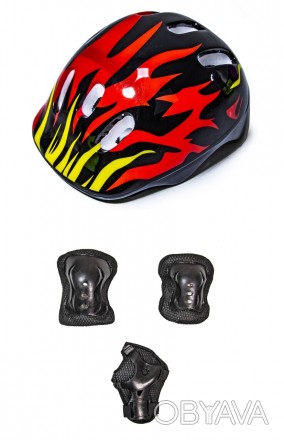 Защитный комплект (защита на колени, локти, ладони + шлем), рисунок "Черный огон. . фото 1