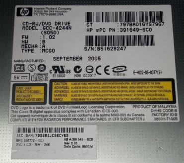 CD/RW DVD привод з ноутбука HP Compaq Nx6110 GCC-4244N 391649-6C0 IDE

Стан сп. . фото 4