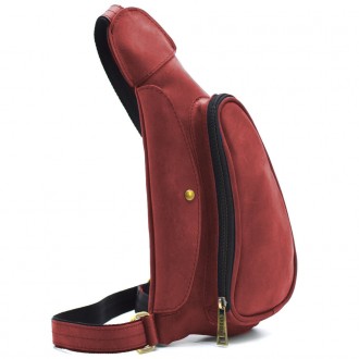 Нагрудная красная сумка рюкзак слинг кожаная на одно плечо RR-3026-3md TARWA. Рю. . фото 3