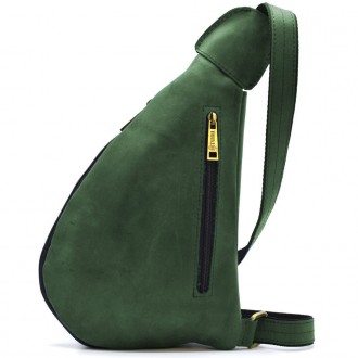 Нагрудная Зеленая сумка рюкзак слинг кожаная на одно плечо RE-3026-3md TARWA. Рю. . фото 3
