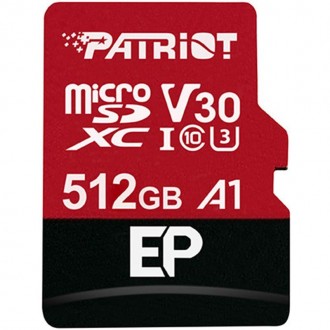 Карта пам`ятi MicroSDXC 512GB UHS-I/U3 Class 10 Patriot EP A1 R90/W80MB/s + SD-a. . фото 2