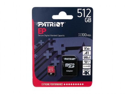 Карта пам`ятi MicroSDXC 512GB UHS-I/U3 Class 10 Patriot EP A1 R90/W80MB/s + SD-a. . фото 3