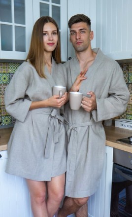 Комплект банних халатів для чоловіка та жінки з натурального льону   Моделі E011. . фото 6