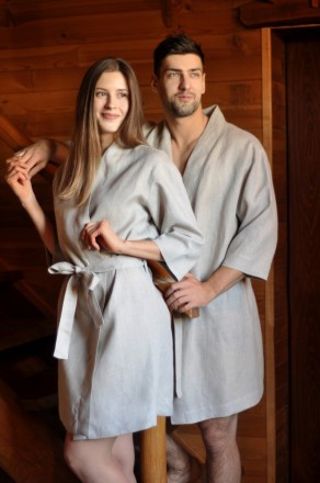 Комплект банних халатів для чоловіка та жінки з натурального льону   Моделі E011. . фото 2