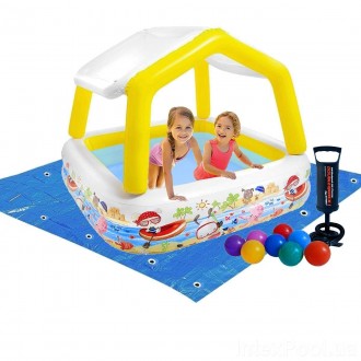 Детский надувной бассейн со съемным навесом, шариками 10 штук Intex 57470-1 "Акв. . фото 3
