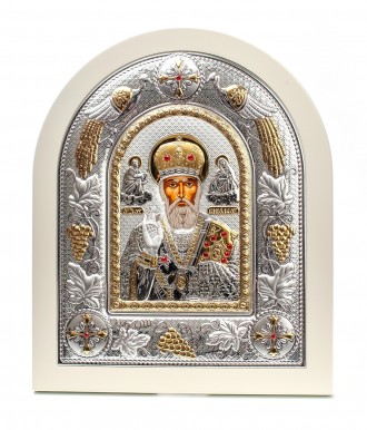 Греческая Серебрянапя Икона "Святой Николай" арочной формы на дереве белого цвет. . фото 2