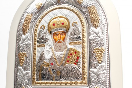 Греческая Серебрянапя Икона "Святой Николай" арочной формы на дереве белого цвет. . фото 6