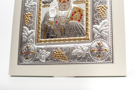 Греческая Серебрянапя Икона "Святой Николай" арочной формы на дереве белого цвет. . фото 7