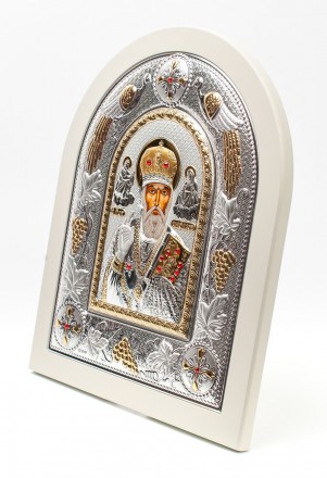 Греческая Серебрянапя Икона "Святой Николай" арочной формы на дереве белого цвет. . фото 5