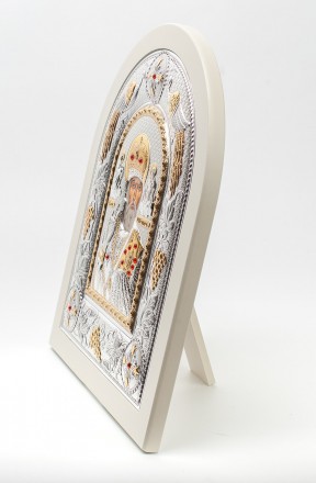 Греческая Серебрянапя Икона "Святой Николай" арочной формы на дереве белого цвет. . фото 4