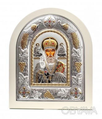 Греческая Серебрянапя Икона "Святой Николай" арочной формы на дереве белого цвет. . фото 1