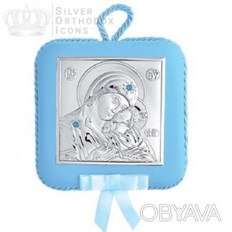 Серебряная детская иконка Богородица Гликофилиуса "Умиление" на синей подушечке . . фото 1