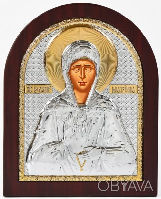 Серебряная Икона Святая Матрона арочной формы на дереве. . фото 1