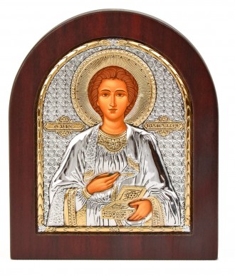 
Серебряная Икона Пантелеймона Целителя арочной формы на дереве 
Высшее качество. . фото 2