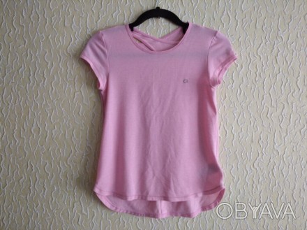 Розовая меланжевая спортивная футболка с красивым вырезом на спинке , девочке с . . фото 1