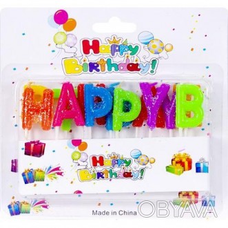 Свічки для торта у вигляді різнокольорових літер на паличках "Happy Birthday". П. . фото 1