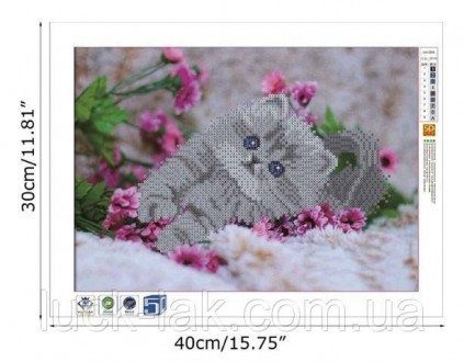 Алмазная вышивка, котик в цветах, размер холста: 40х30 см, размер рисунка: 35х25. . фото 3
