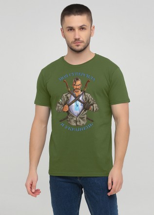 
Качественная оливковая мужская футболка с принтом спереди, круглый воротник. Со. . фото 4