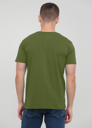 
Качественная оливковая мужская футболка с принтом спереди, круглый воротник. Со. . фото 5