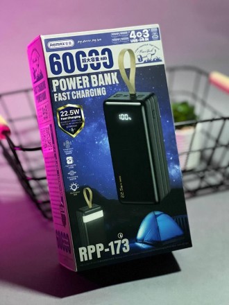 Power Bank Remax RPP-173 60000mAh, MicroUSB/iPhone вхід 2A + Type-C 3A, вихiд US. . фото 2