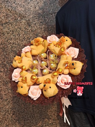 Коричневий букет із цукерками Ferrero Rocher та м'якими іграшками подарунок. Кременчуг. фото 1 Коричневий букет із цукерками Ferrero Rocher та м'якими іграшками подарунок. Кременчуг. фото 1