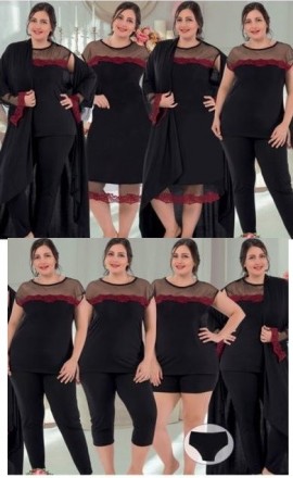 Женская пижама с ночной рубашкой и халатом 50-54 Oversize, черный комплект 7 пре. . фото 2
