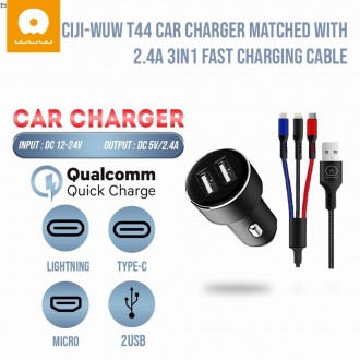 Автомобільний зарядний пристрій WUW T44 USB Car Charger (2USB 2.4A) + Кабель 3в1. . фото 4